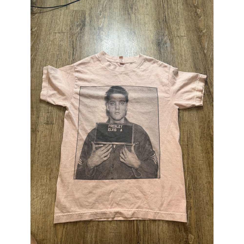 Alstyle Elvis Presley Mugshot Graphic T-Shirt Peach Pink Small Cotton Tee